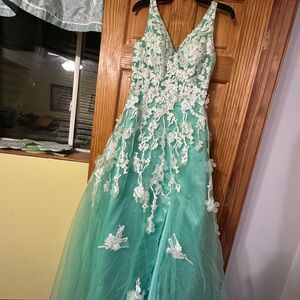 Elegant Aqua Gown with White Floral Details